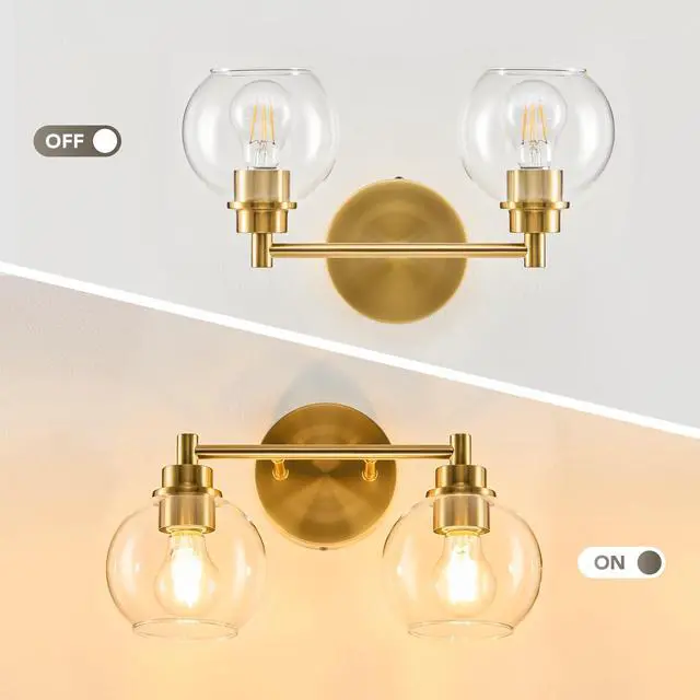Alt view image 2 of 7 - 2 Light Bathroom Vanity Light Fixtures, Gold Finish | Globe Glass Shades, E26 Sockets, Easy to install, Vanity Lights for Bedroom Hallway Living Room