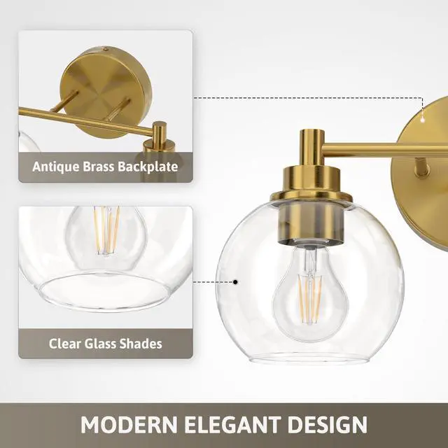 Alt view image 3 of 7 - 2 Light Bathroom Vanity Light Fixtures, Gold Finish | Globe Glass Shades, E26 Sockets, Easy to install, Vanity Lights for Bedroom Hallway Living Room