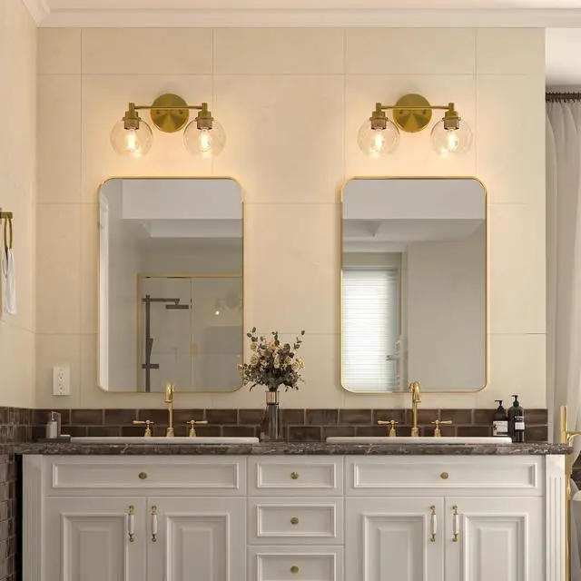 Alt view image 6 of 7 - 2 Light Bathroom Vanity Light Fixtures, Gold Finish | Globe Glass Shades, E26 Sockets, Easy to install, Vanity Lights for Bedroom Hallway Living Room