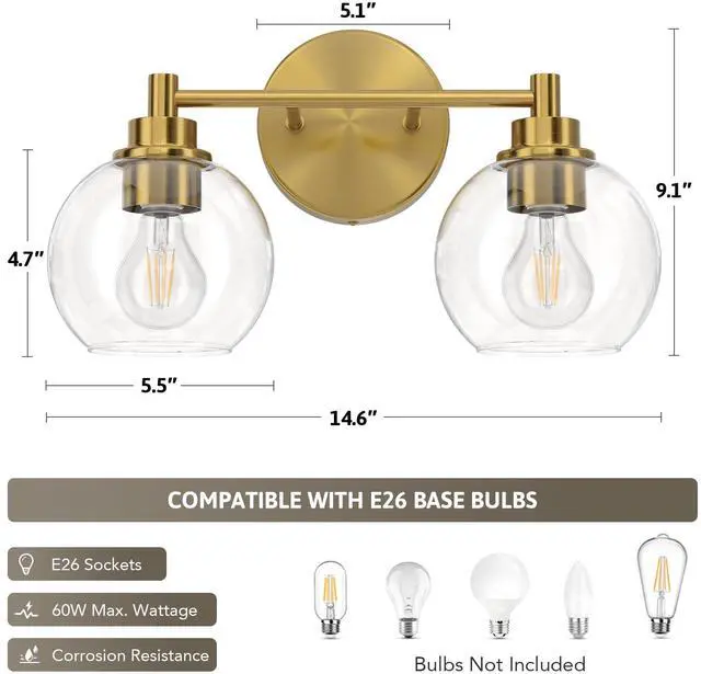 Alt view image 5 of 7 - 2 Light Bathroom Vanity Light Fixtures, Gold Finish | Globe Glass Shades, E26 Sockets, Easy to install, Vanity Lights for Bedroom Hallway Living Room