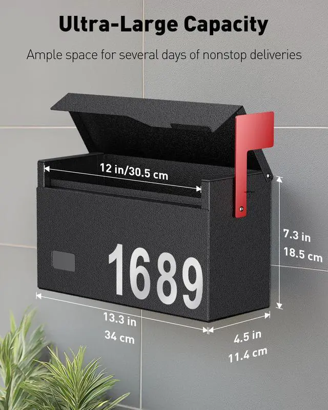 Alt view image 2 of 7 - Wall Mount Mailbox for Outside (No Locking Mechanism) | Flag & Number Stickers, Large Metal Mail Box for House, Modern Post Box for Outdoor Office Home