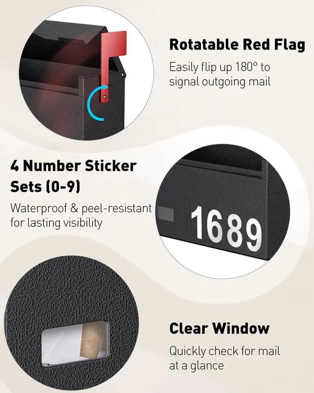 Alt view image 4 of 7 - Wall Mount Mailbox for Outside (No Locking Mechanism) | Flag & Number Stickers, Large Metal Mail Box for House, Modern Post Box for Outdoor Office Home