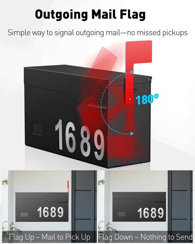 Alt view image 3 of 7 - Wall Mount Mailbox for Outside (No Locking Mechanism) | Flag & Number Stickers, Large Metal Mail Box for House, Modern Post Box for Outdoor Office Home