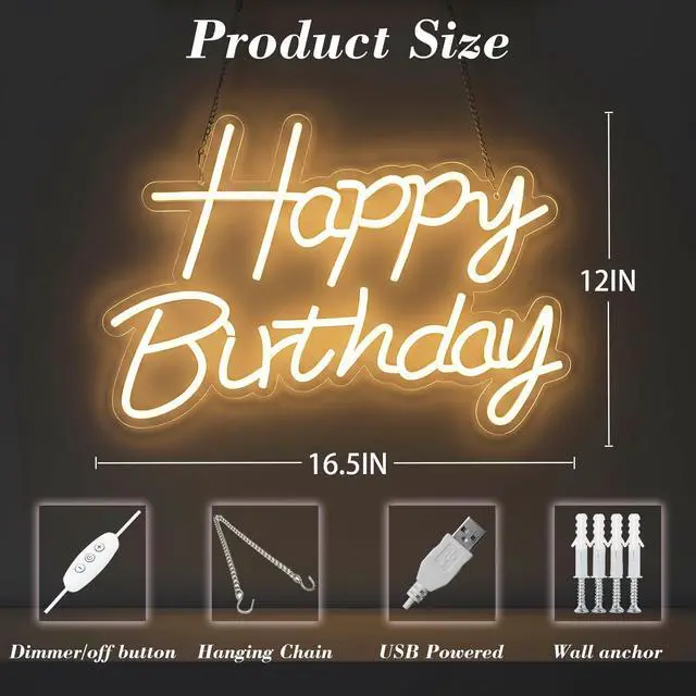 Alt view image 2 of 7 - Happy Birthday Neon Sign for Backdrop, LED Happy Birthday Light Up Sign, USB Powered Dimmable Neon Light for Birthday Party Decorations, Wall Decor, Warm White, 16.5 x 12 inch
