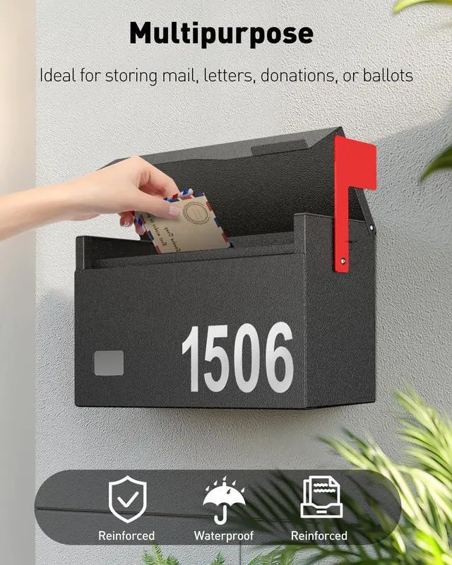 Alt view image 6 of 7 - Wall Mount Mailbox for Outside (No Locking Mechanism) | Flag & Number Stickers, Large Metal Mail Box for House, Modern Post Box for Outdoor Office Home