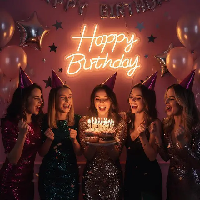 Alt view image 5 of 7 - Happy Birthday Neon Sign for Backdrop, LED Happy Birthday Light Up Sign, USB Powered Dimmable Neon Light for Birthday Party Decorations, Wall Decor, Warm White, 16.5 x 12 inch