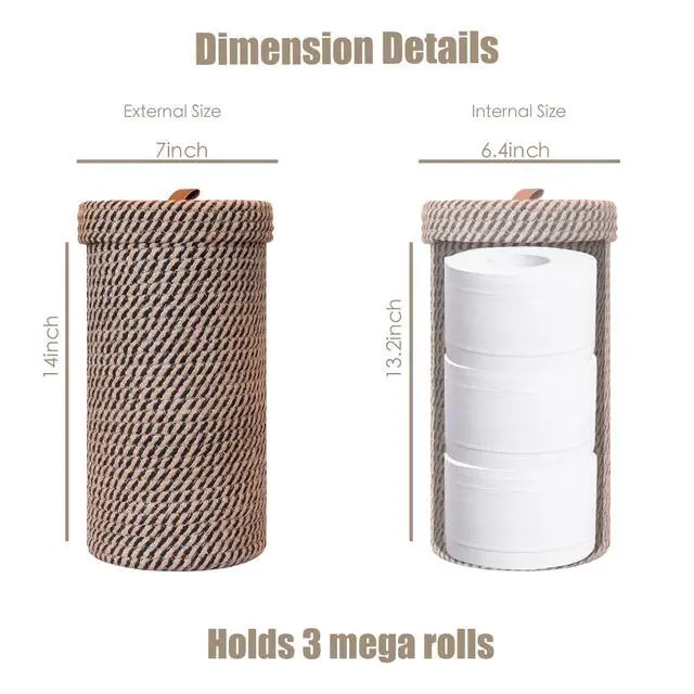 Alt view image 2 of 6 - Handmade Cotton & Jute Toilet Paper Holder Woven Toilet Paper Stand & Storage Basket with Lid, Freestanding Organizer for Bathroom, Fits 3 Mega Rolls 14" x 7''
