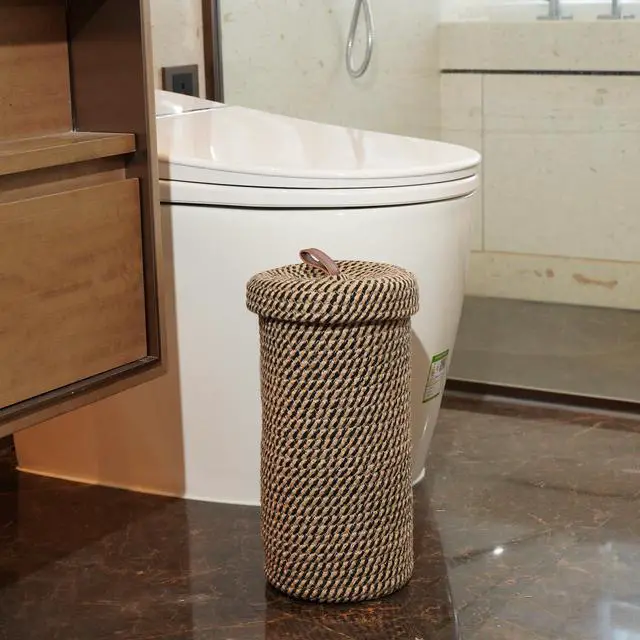 Alt view image 3 of 6 - Handmade Cotton & Jute Toilet Paper Holder Woven Toilet Paper Stand & Storage Basket with Lid, Freestanding Organizer for Bathroom, Fits 3 Mega Rolls 14" x 7''