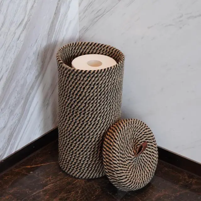 Alt view image 4 of 6 - Handmade Cotton & Jute Toilet Paper Holder Woven Toilet Paper Stand & Storage Basket with Lid, Freestanding Organizer for Bathroom, Fits 3 Mega Rolls 14" x 7''