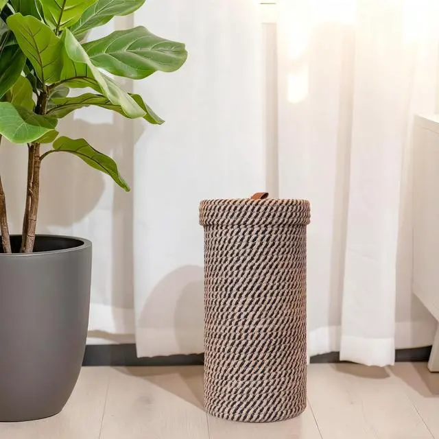 Alt view image 6 of 6 - Handmade Cotton & Jute Toilet Paper Holder Woven Toilet Paper Stand & Storage Basket with Lid, Freestanding Organizer for Bathroom, Fits 3 Mega Rolls 14" x 7''