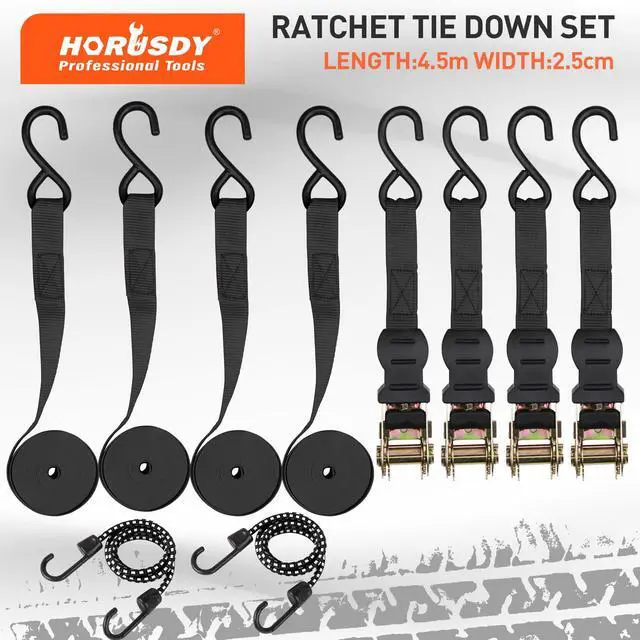 Alt view image 2 of 7 - Ratchet Straps, 2,200 LB Break Strength, 4-Pack 15FT Ratchet Tie Down Straps Set for Motorcycle Straps Tie Downs, Appliances, Lawn Equipment, Cargo Straps for Trucks. (Black)