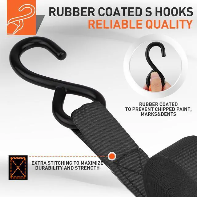Alt view image 4 of 7 - Ratchet Straps, 2,200 LB Break Strength, 4-Pack 15FT Ratchet Tie Down Straps Set for Motorcycle Straps Tie Downs, Appliances, Lawn Equipment, Cargo Straps for Trucks. (Black)