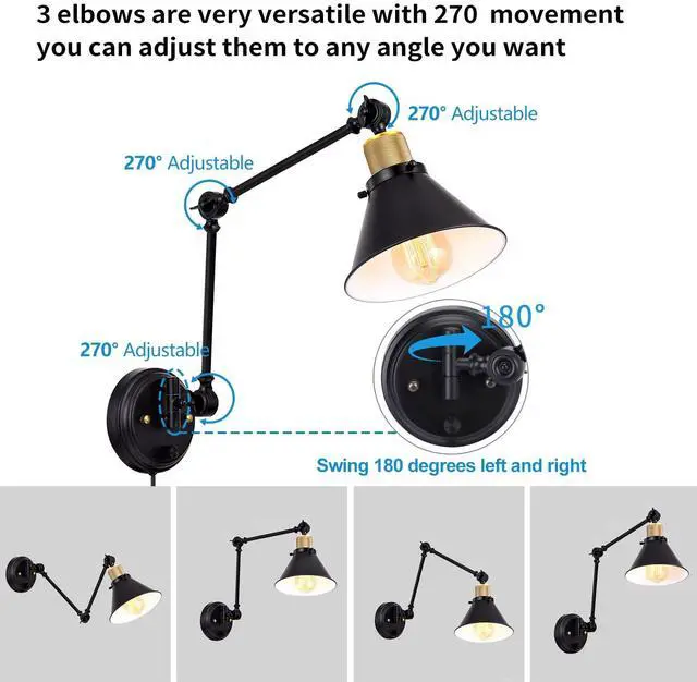 Alt view image 3 of 7 - Wall Sconce Plug in, Dimmable Wall Sconce with Switch Swing Arm Wall Lights Plug in Wall Mounted Light Wall Sconces Lighting with 6FT Plug in Cord, E26 Base, UL Listed(Two Arms, 1 Pack)