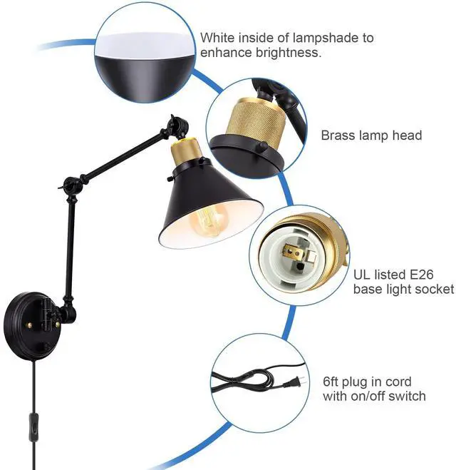 Alt view image 4 of 7 - Wall Sconce Plug in, Dimmable Wall Sconce with Switch Swing Arm Wall Lights Plug in Wall Mounted Light Wall Sconces Lighting with 6FT Plug in Cord, E26 Base, UL Listed(Two Arms, 1 Pack)