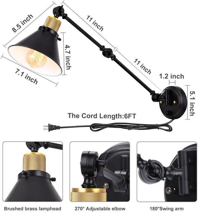 Alt view image 5 of 7 - Wall Sconce Plug in, Dimmable Wall Sconce with Switch Swing Arm Wall Lights Plug in Wall Mounted Light Wall Sconces Lighting with 6FT Plug in Cord, E26 Base, UL Listed(Two Arms, 1 Pack)