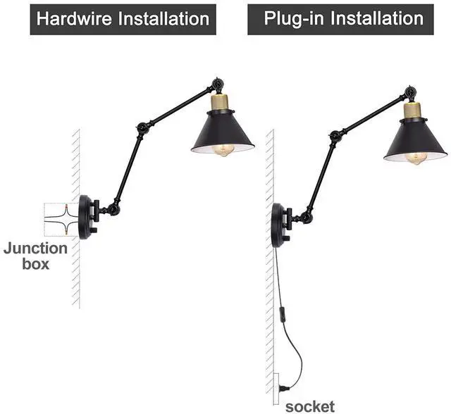 Alt view image 6 of 7 - Wall Sconce Plug in, Dimmable Wall Sconce with Switch Swing Arm Wall Lights Plug in Wall Mounted Light Wall Sconces Lighting with 6FT Plug in Cord, E26 Base, UL Listed(Two Arms, 1 Pack)