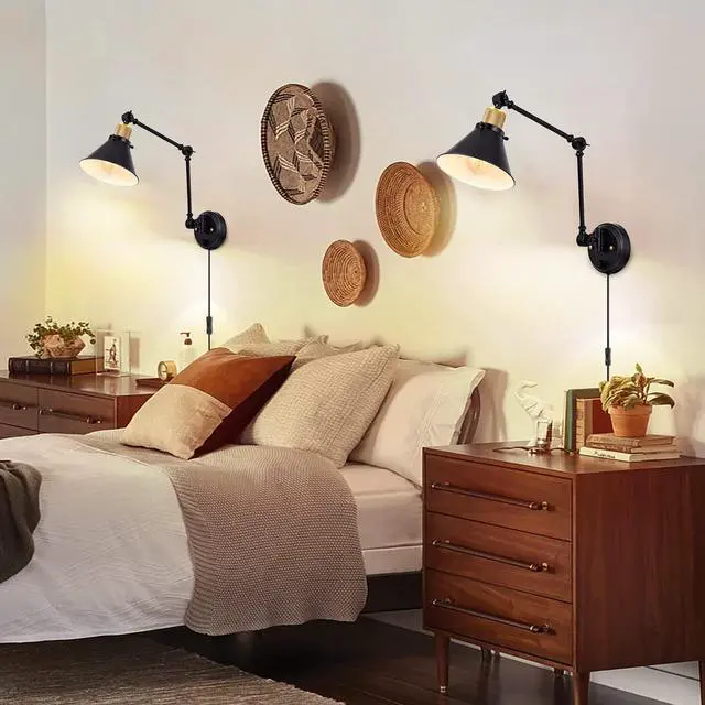 Alt view image 7 of 7 - Wall Sconce Plug in, Dimmable Wall Sconce with Switch Swing Arm Wall Lights Plug in Wall Mounted Light Wall Sconces Lighting with 6FT Plug in Cord, E26 Base, UL Listed(Two Arms, 1 Pack)