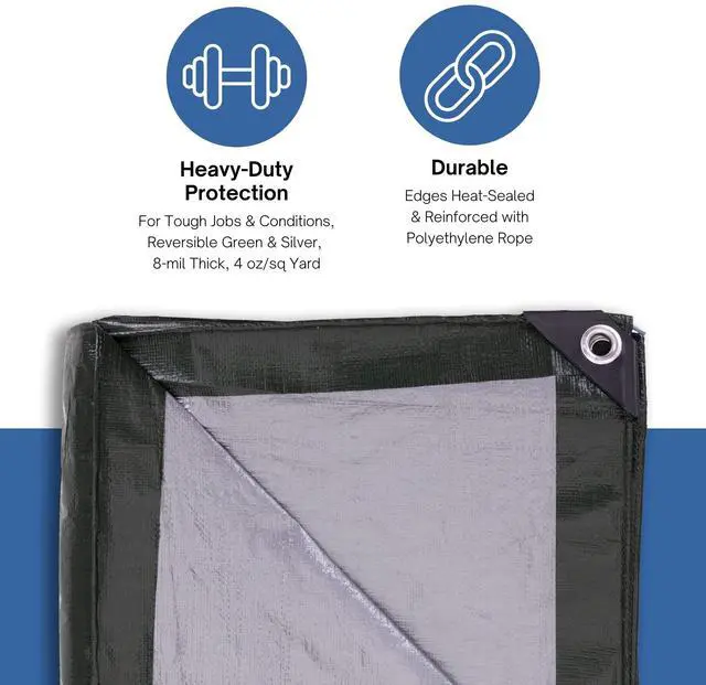 Alt view image 3 of 7 - 12 x 14 Ft. Heavy-Duty Protection/Coverage Tarp, 8-mil, Reversible, Multi-Use, Waterproof, Green-Silver, (TGS-1214)