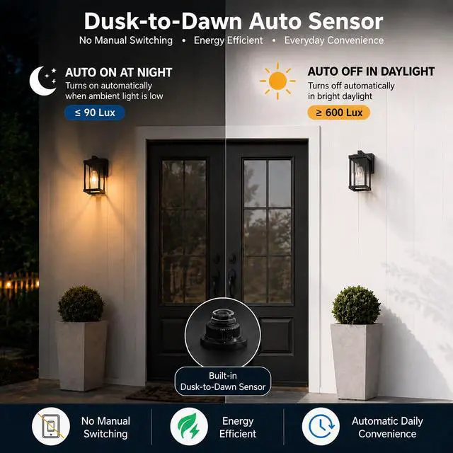 Alt view image 4 of 7 - Porch Lights with GFCI Outlets Dusk to Dawn Outdoor Wall Lights Waterproof Exterior Lighting Fixtures Modern Outside Lights Wall Mount for House Patio Garage,Black,11.8''H,1PC
