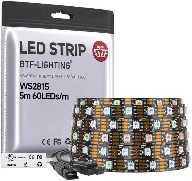 Main image of WS2815 (Upgraded WS2812B) LED Strip Light,UL Listed,16.4FT 300 LED/Pixels,Flexible Chasing RGB,Dual Signal Individually Addressable,5050SMD,3M Tape,DC12V IP30(No Adapter or Controller)