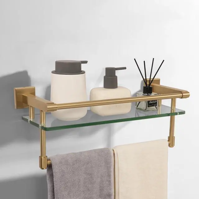 Main image of Bathroom Glass Shelf Brushed Gold Finish with Towel Rack, SUS304 Stainless Steel, 16-inch Tempered Glass Shelves for Wall
