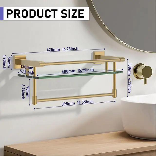 Alt view image 2 of 7 - Bathroom Glass Shelf Brushed Gold Finish with Towel Rack, SUS304 Stainless Steel, 16-inch Tempered Glass Shelves for Wall