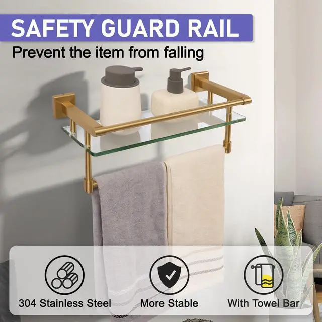Alt view image 3 of 7 - Bathroom Glass Shelf Brushed Gold Finish with Towel Rack, SUS304 Stainless Steel, 16-inch Tempered Glass Shelves for Wall