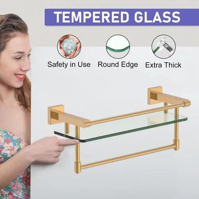 Alt view image 4 of 7 - Bathroom Glass Shelf Brushed Gold Finish with Towel Rack, SUS304 Stainless Steel, 16-inch Tempered Glass Shelves for Wall