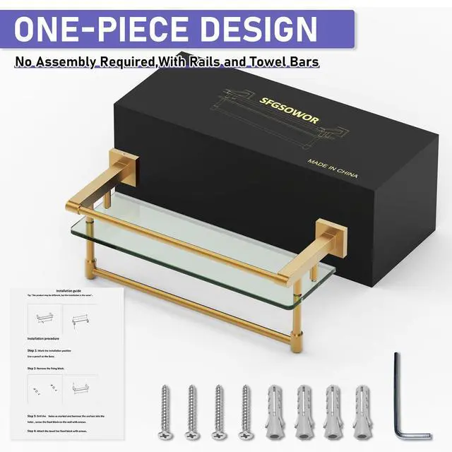 Alt view image 5 of 7 - Bathroom Glass Shelf Brushed Gold Finish with Towel Rack, SUS304 Stainless Steel, 16-inch Tempered Glass Shelves for Wall