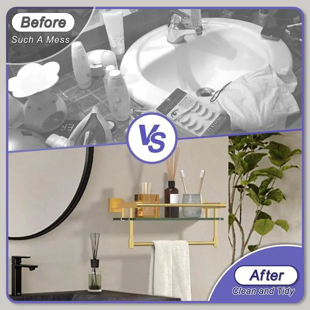 Alt view image 6 of 7 - Bathroom Glass Shelf Brushed Gold Finish with Towel Rack, SUS304 Stainless Steel, 16-inch Tempered Glass Shelves for Wall