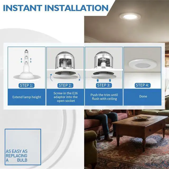 Alt view image 6 of 7 - 5/6" LED Retrofit Recessed Lighting, Adjustable Can Light Downlight | 800LM 5000K Daylight,Adjustable Height Design, Dimmable,E26 Base, Flat Trim, Can Light Replacement In Indoor,4Pack