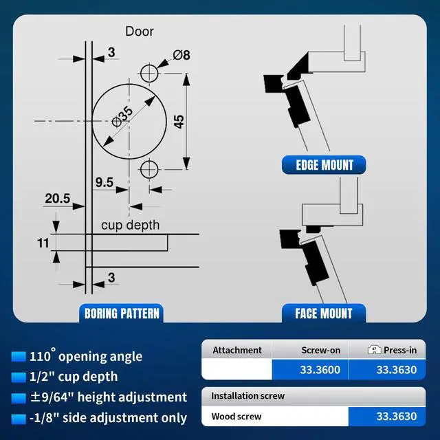 Alt view image 5 of 7 - 8 PCS Replacement for 30.310-11.02 Blum Cabinet Hinges, Self Quick Closing 110 & 120 Degree Screw On, 33.3600 Compact 31 & 33 Hinge (Mounting Plate Not Included) Include Wood Screws