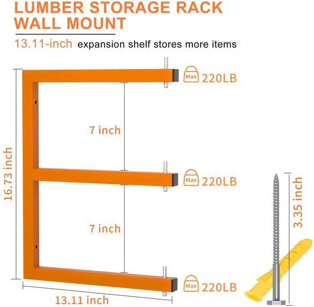 Alt view image 2 of 7 - Lumber Rack Wall-Mounted Lumber Storage Rack, Heavy Duty Wood Storage Racks with 6-Level System, 1320 LB Sturdy Garage Wood Organizer, Orange Lumber Metal Racks for Indoor and Outdoor (4 Pack)