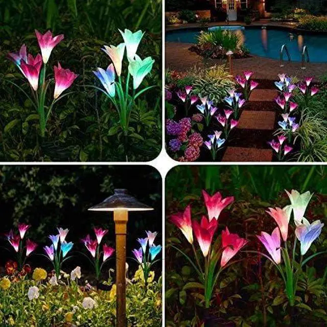 Alt view image 3 of 7 - Solar Lights Outdoor - Lily Flower Solar Garden Lights, 4 Pack Lights Outdoor Waterproof Multicolor Changing LED Flower with Bigger Lily for Patio Yard Pathway Balcony Outdoor Décor