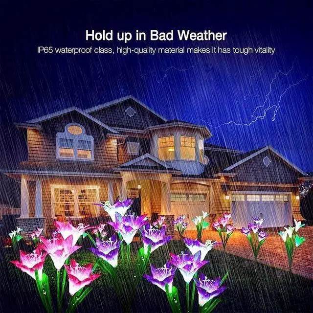 Alt view image 4 of 7 - Solar Lights Outdoor - Lily Flower Solar Garden Lights, 4 Pack Lights Outdoor Waterproof Multicolor Changing LED Flower with Bigger Lily for Patio Yard Pathway Balcony Outdoor Décor