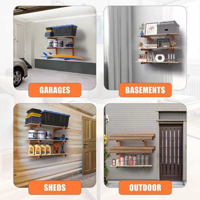Alt view image 7 of 7 - Lumber Rack Wall-Mounted Lumber Storage Rack, Heavy Duty Wood Storage Racks with 6-Level System, 1320 LB Sturdy Garage Wood Organizer, Orange Lumber Metal Racks for Indoor and Outdoor (4 Pack)