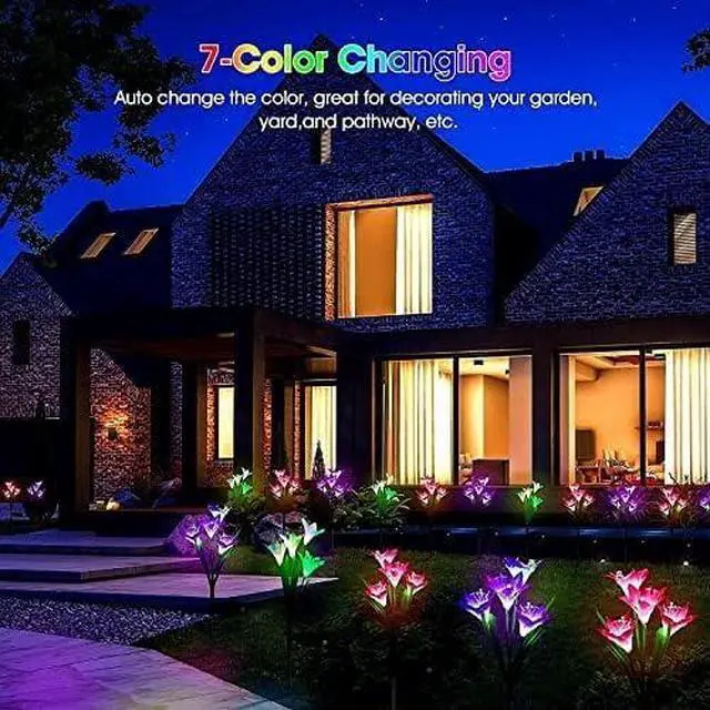 Alt view image 5 of 7 - Solar Lights Outdoor - Lily Flower Solar Garden Lights, 4 Pack Lights Outdoor Waterproof Multicolor Changing LED Flower with Bigger Lily for Patio Yard Pathway Balcony Outdoor Décor