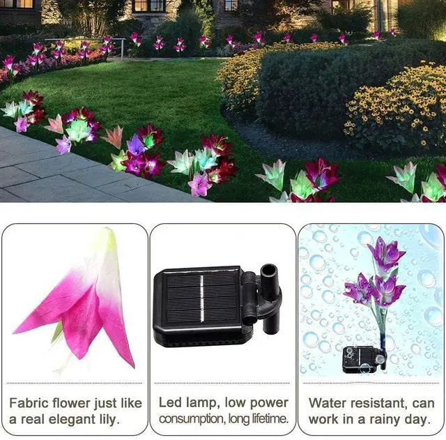 Alt view image 6 of 7 - Solar Lights Outdoor - Lily Flower Solar Garden Lights, 4 Pack Lights Outdoor Waterproof Multicolor Changing LED Flower with Bigger Lily for Patio Yard Pathway Balcony Outdoor Décor