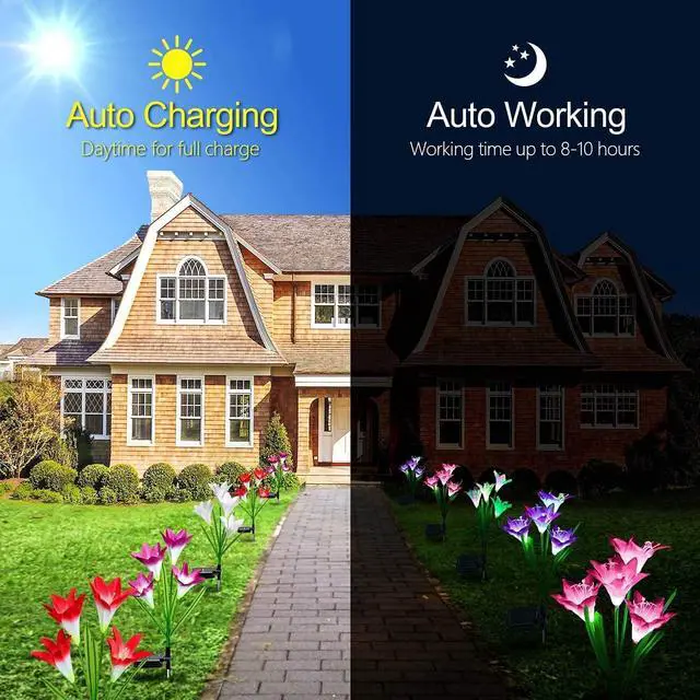 Alt view image 7 of 7 - Solar Lights Outdoor - Lily Flower Solar Garden Lights, 4 Pack Lights Outdoor Waterproof Multicolor Changing LED Flower with Bigger Lily for Patio Yard Pathway Balcony Outdoor Décor