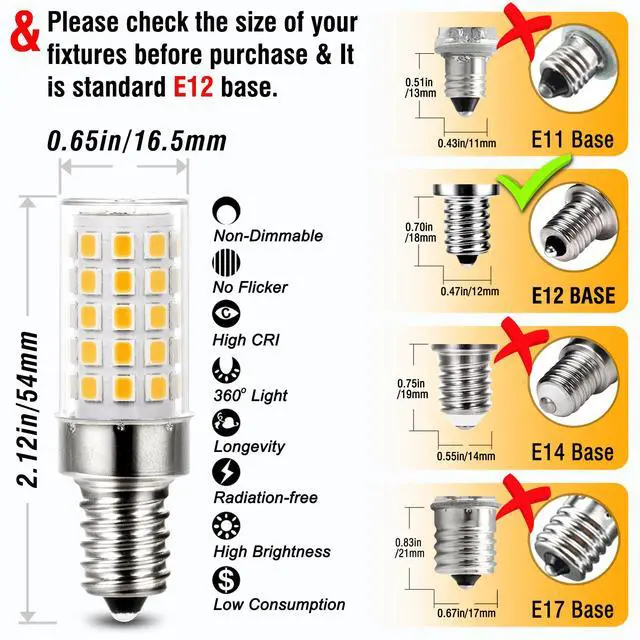 Alt view image 5 of 7 - E12 LED Candelabra Chandelier Bulbs 60W C7,2700k Warm White 10PCS | E12 60 Watt Halogen Equivalent T6 110V 120V, Small Base E12 LED Bulbs for Ceiling Fan Lighting, 6W 550lm