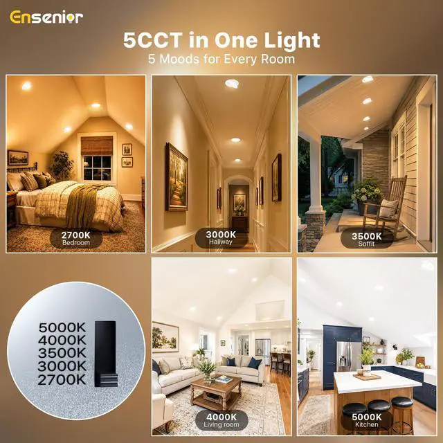 Alt view image 3 of 7 - 4 Inch Gimbal LED Recessed Light, 5CCT, 9W, 900LM, 4 Pack | 5%-100% Dimmable, 2700K-5000K Selectable CCT, 90° Tilt and 360° Swivel, Angle Adjustable, IC&Damp Rated, ETL&FCC Certified