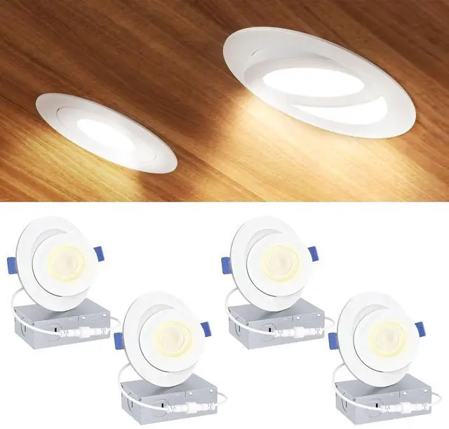 Main image of 4 Inch Gimbal LED Recessed Light, 5CCT, 9W, 900LM, 4 Pack | 5%-100% Dimmable, 2700K-5000K Selectable CCT, 90° Tilt and 360° Swivel, Angle Adjustable, IC&Damp Rated, ETL&FCC Certified