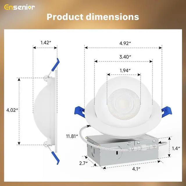 Alt view image 7 of 7 - 4 Inch Gimbal LED Recessed Light, 5CCT, 9W, 900LM, 4 Pack | 5%-100% Dimmable, 2700K-5000K Selectable CCT, 90° Tilt and 360° Swivel, Angle Adjustable, IC&Damp Rated, ETL&FCC Certified