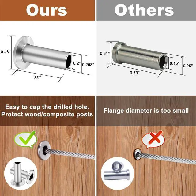 Alt view image 4 of 7 - 120 Pack Stainless Steel Protector Sleeves for 1/8" 5/32" or 3/16" Deck Cable Railing, for Wood/Composite Posts, T316 Marine Grade