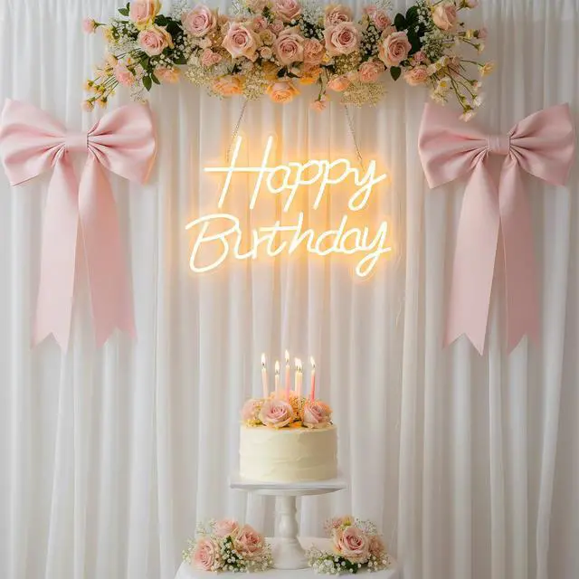 Alt view image 7 of 7 - Happy Birthday Neon Sign for Backdrop, LED Happy Birthday Light Up Sign, USB Powered Dimmable Neon Light for Birthday Party Decorations, Wall Decor, Warm White, 16.5 x 12 inch