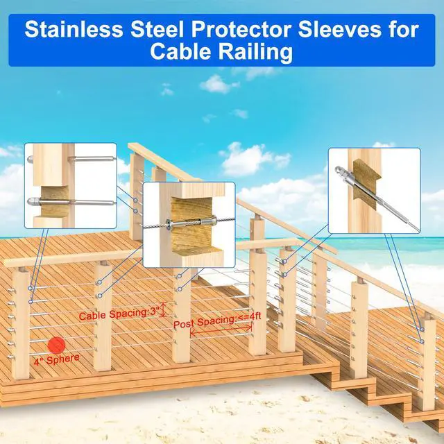 Alt view image 7 of 7 - 120 Pack Stainless Steel Protector Sleeves for 1/8" 5/32" or 3/16" Deck Cable Railing, for Wood/Composite Posts, T316 Marine Grade