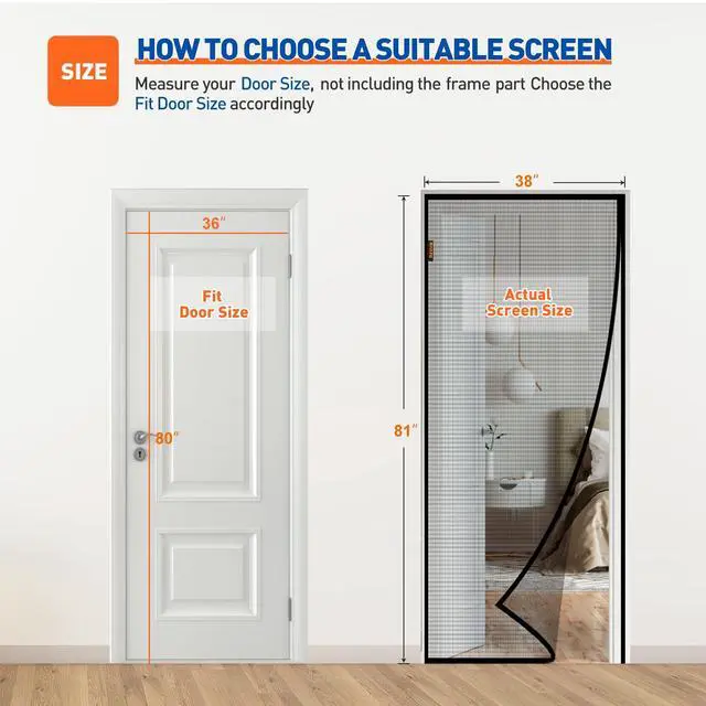 Alt view image 2 of 6 - Magnetic Screen Door Side Opening Fit Door Size 36 x 80 Inches | Actual Mesh Size 38" x 81", Reinforced Polyester Door Screen Magnetic Closure for Front, Back, Patio, Sliding Door, Black