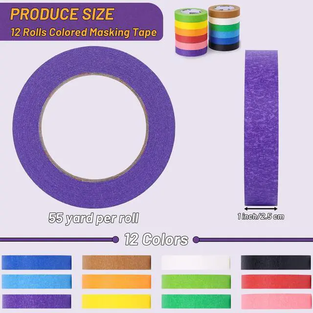 Alt view image 2 of 7 - 12 Rolls Colored Masking Tape-1 inch x 660 Yards Painters Tape, Rainbow Colors Rolls Bulk Colorful Paper Marking Tape Decorative Arts Crafts Labeling DIY Home Office Supplies