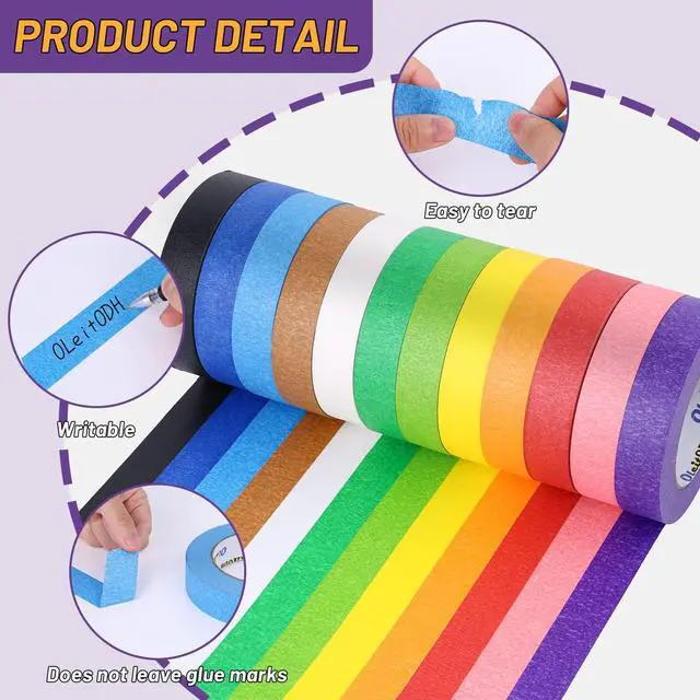 Alt view image 4 of 7 - 12 Rolls Colored Masking Tape-1 inch x 660 Yards Painters Tape, Rainbow Colors Rolls Bulk Colorful Paper Marking Tape Decorative Arts Crafts Labeling DIY Home Office Supplies