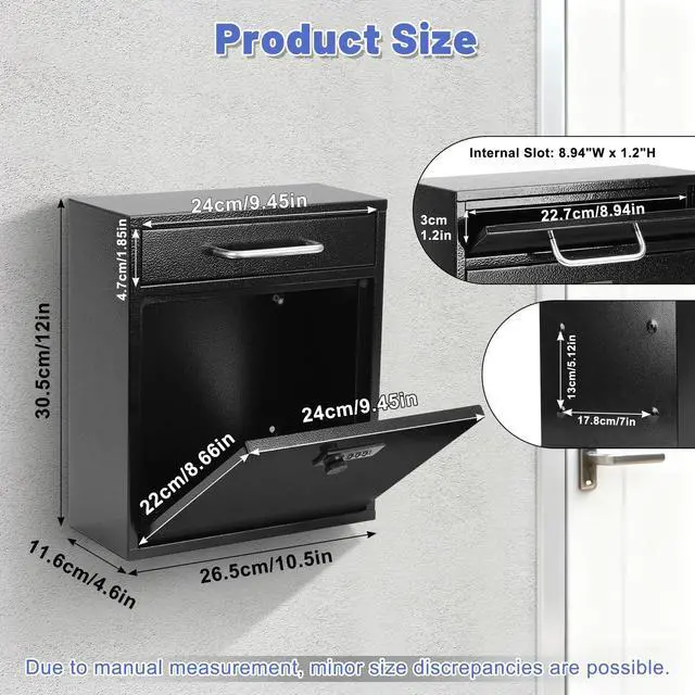 Alt view image 2 of 7 - Wall Mount Mailbox for Outside, Combination Lock, Large, Black | Sturdy Steel, Anti-theft Large Drop Box, Ideal for Home, Office, School Daily Mail/Key/Cash Storage, 12H" x 10.5L" x 4.6W"